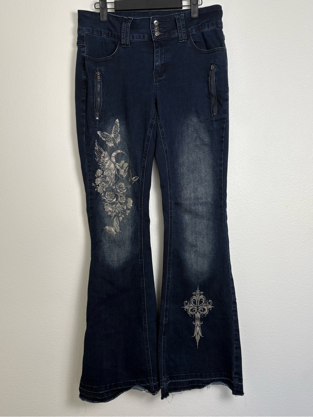Hot Topic Navy Flared Jeans with Skull & Butterfly Graphic Accents Size 11
